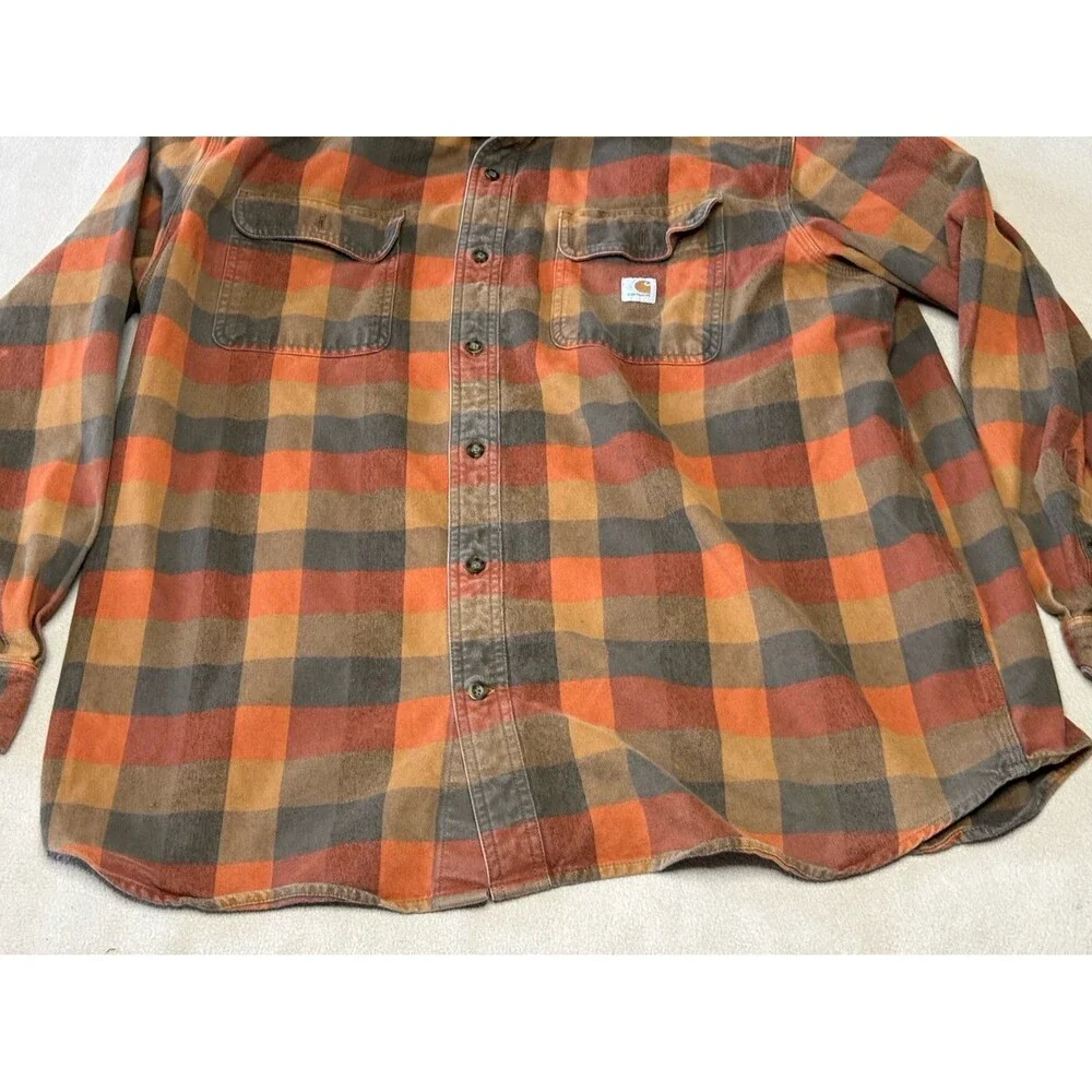 Carhartt Loose Fit Flannel Shirt Mens XL Orange Brown Plaid 105078 BRN Workwear - Picture 2 of 7